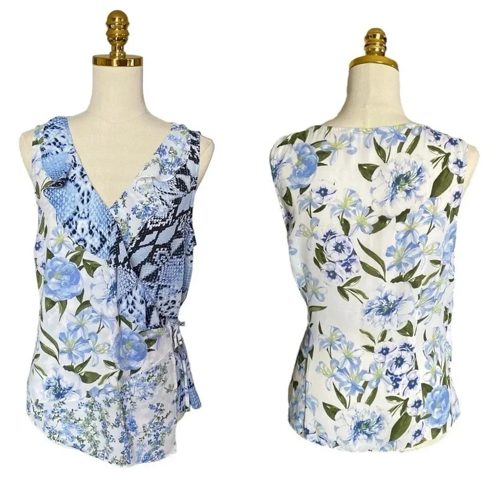 I.N.C Concepts | Women’s White/Blue Floral, Animal Print Ruffled Wrap Top Size L